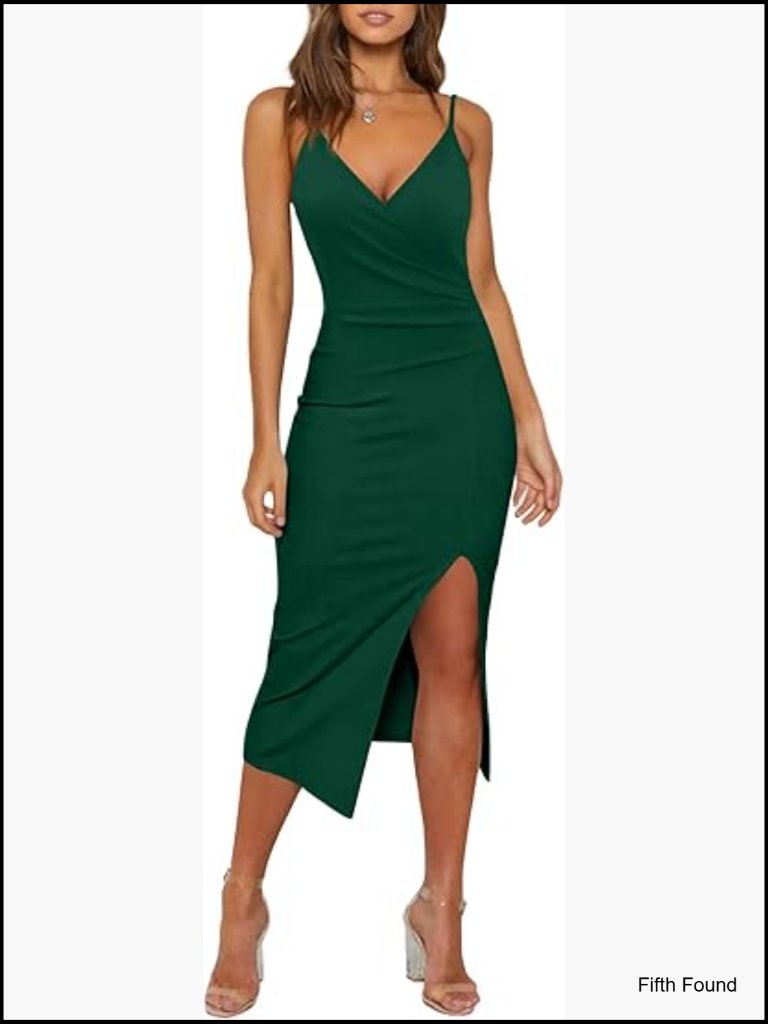 Sexy V Neck Spaghetti Strap Sleeveless Wrap Ruched Side Slit Bodycon Cocktail